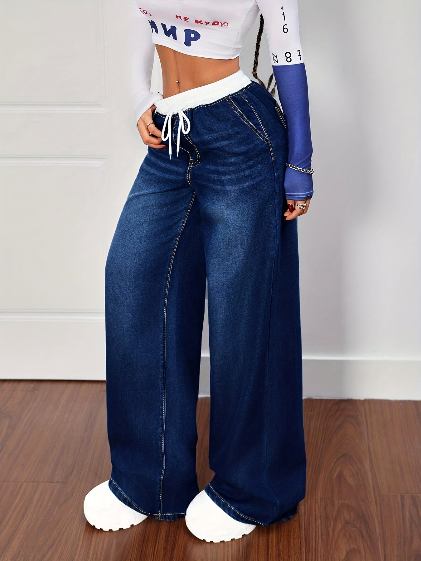 Women's Plus Size Blue Denim Pants - Whisker Details, Panel, Elastic Waist with Drawstring, Wide-Leg | High-Waisted, Slim-Fitting & Figure-Flattering | Retro Street & Casual Sporty Style | Versatile for All Seasons