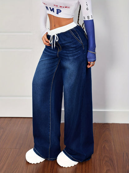 Women's Plus Size Blue Denim Pants - Whisker Details, Panel, Elastic Waist with Drawstring, Wide-Leg | High-Waisted, Slim-Fitting & Figure-Flattering | Retro Street & Casual Sporty Style | Versatile for All Seasons