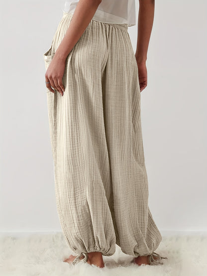 Autumn And Winter Women's Casual Pants, Khaki, Pockets, Wide Legs, Drawstring, Loose Fit, Everyday Commuting Wide-leg Pants.