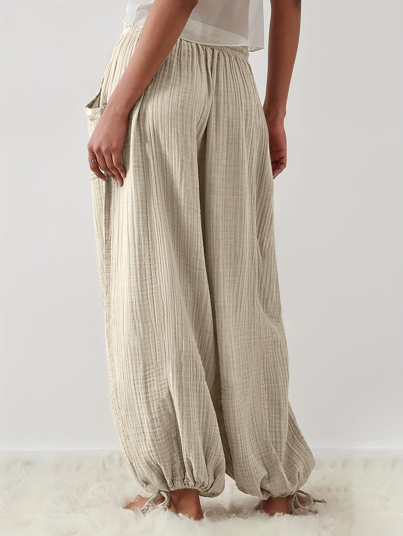 Autumn And Winter Women's Casual Pants, Khaki, Pockets, Wide Legs, Drawstring, Loose Fit, Everyday Commuting Wide-leg Pants.