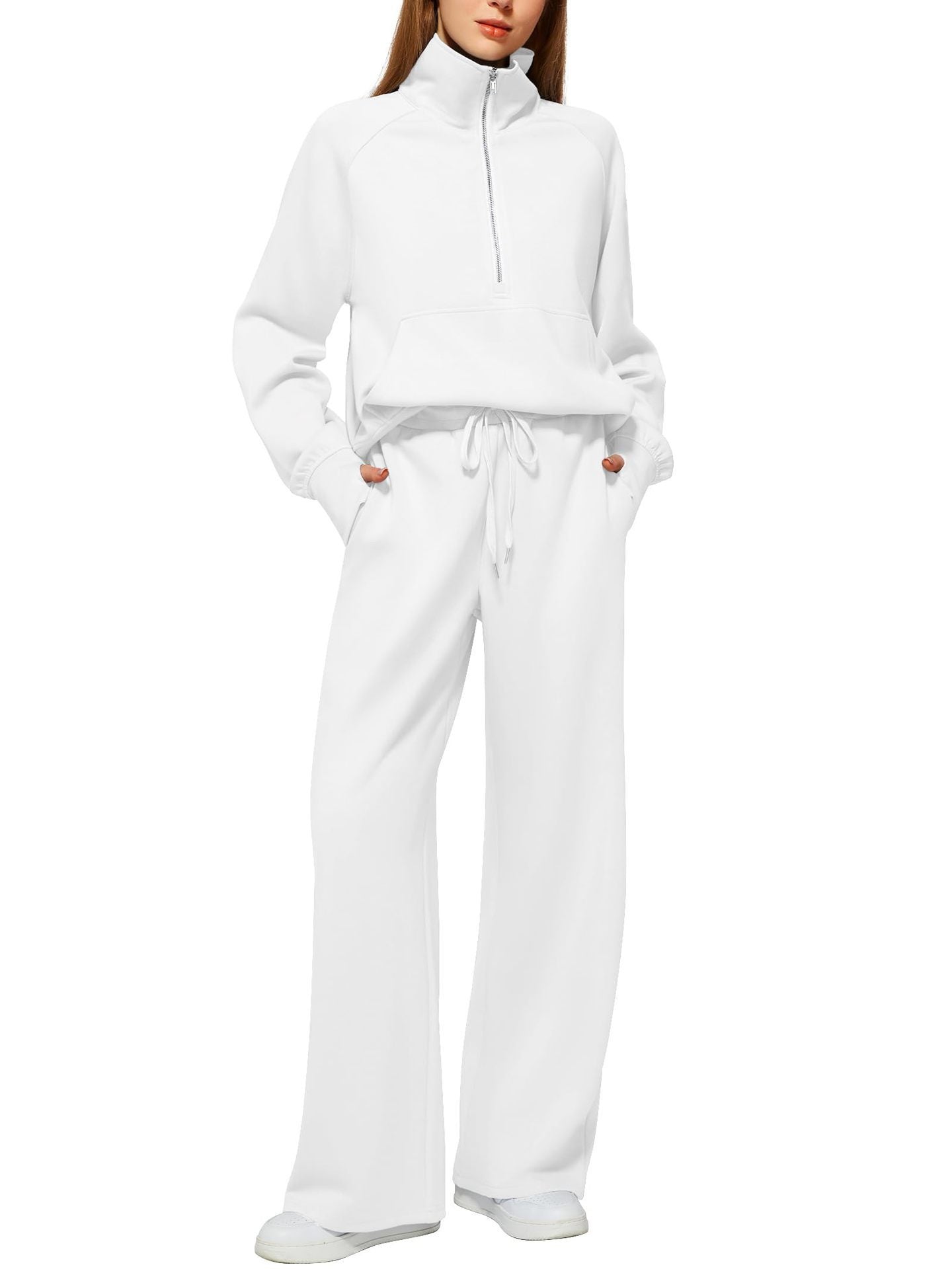 2Pcss Outfits for Women, Oversized Half-Zip Sweatshirt And Wide Leg Sweatpants Set, 2026 Spring Casual Lounge Tracksuit Women'S Trendy 2Pcss Matching Set, Oversized Quarter-Zip Pullover And Loose Wide Leg Trousers, Chic Spring Sporty Outfits