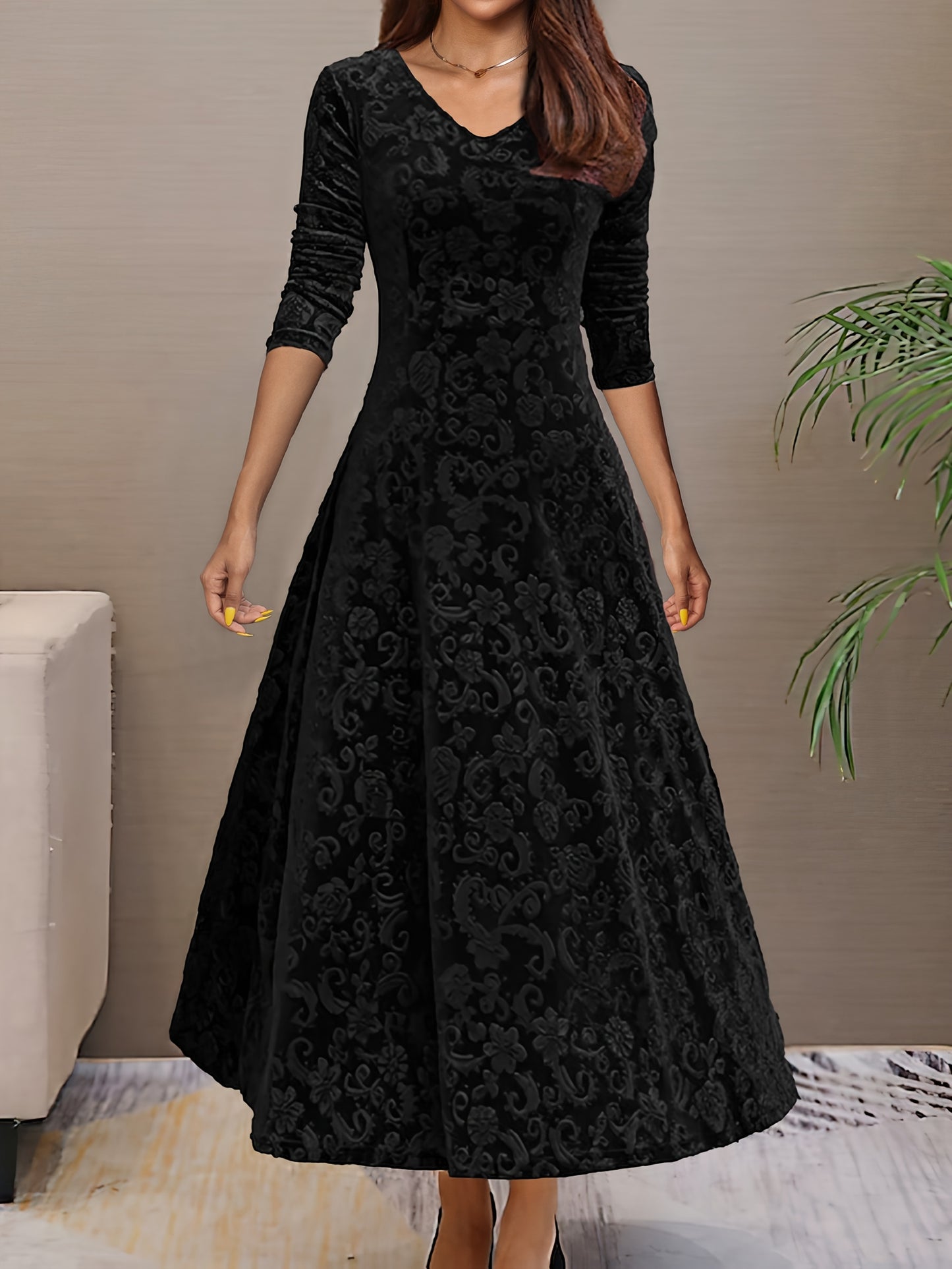 Autumn Women's Velvet Embossed Long Sleeve Dress, Bodycon V-Neck Midi Flared Elegant Evening Party Wedding Guest Gown