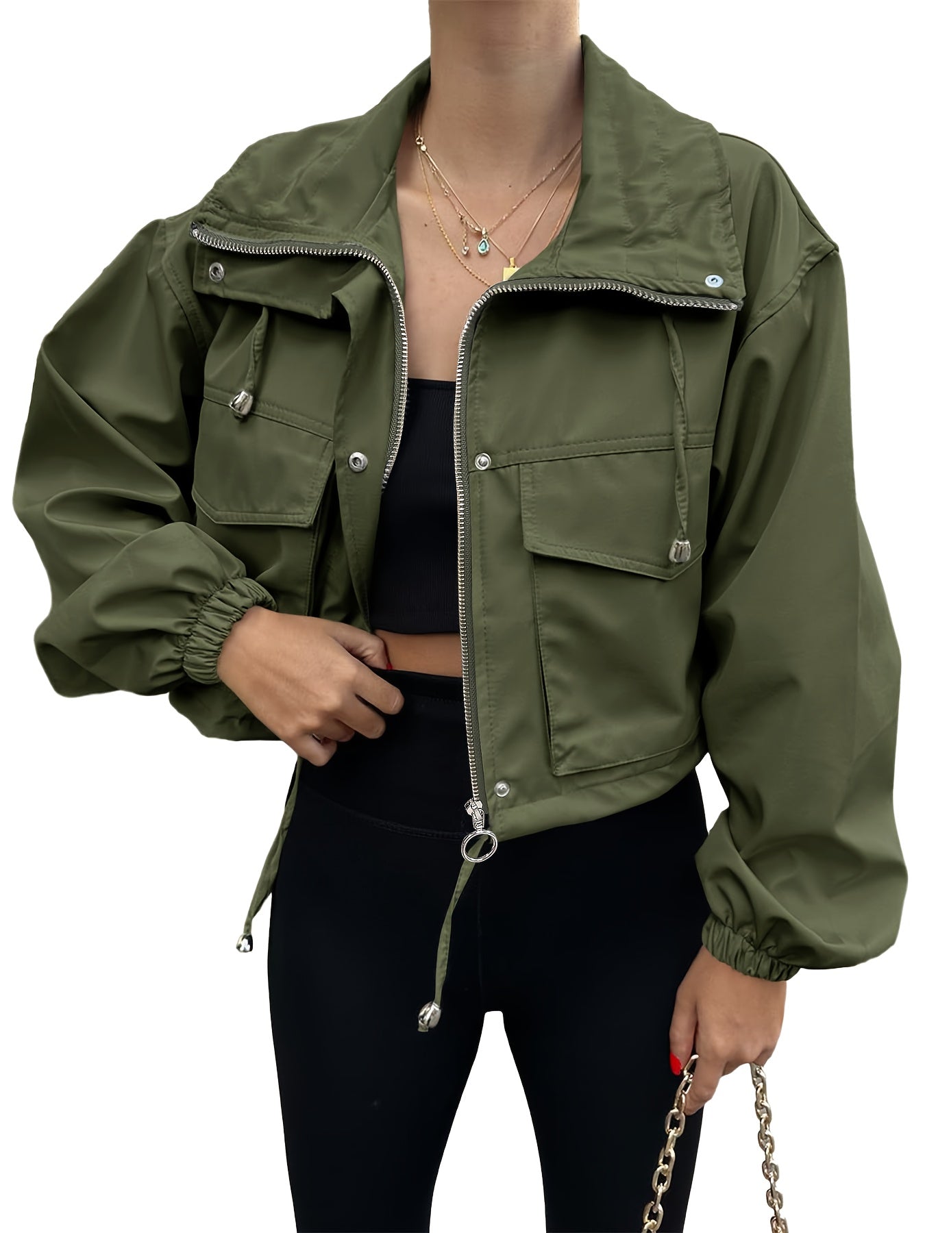 Women'S Cropped Jacket Zip Up Lightweight Oversized Utility Anorak Coat with Pockets