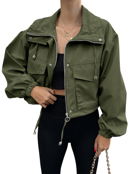 Women'S Cropped Jacket Zip Up Lightweight Oversized Utility Anorak Coat with Pockets