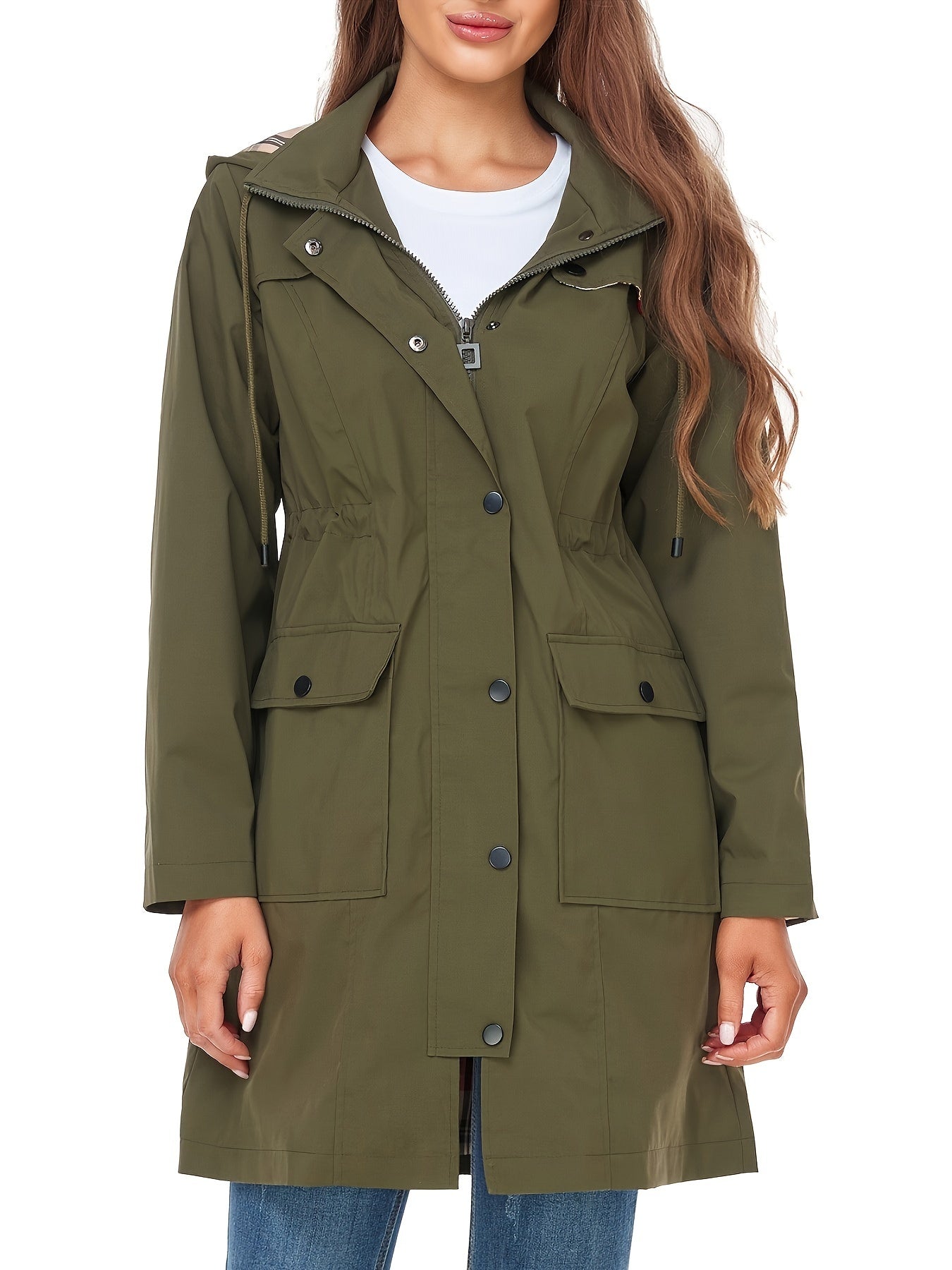 Women's High Quality Rain Jacket Lightweight Raincoat Hooded Windbreaker Trench Coat