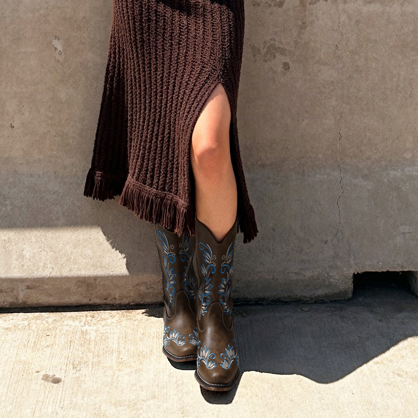DREAM PAIRS Women's Cowboy Cowgirl Western Mid Calf Boots Square Toe Embroidered Stitched Pull On Country Boots with Low Chunky Heel