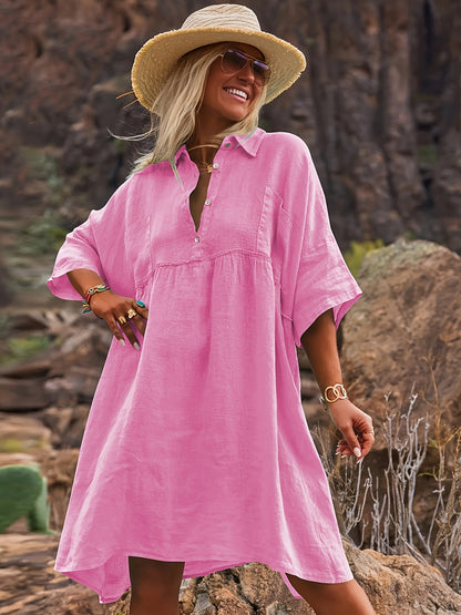 New Women's Loose Solid Color Collar Vacation Casual Button Art Style Fashionable Dress for Women
