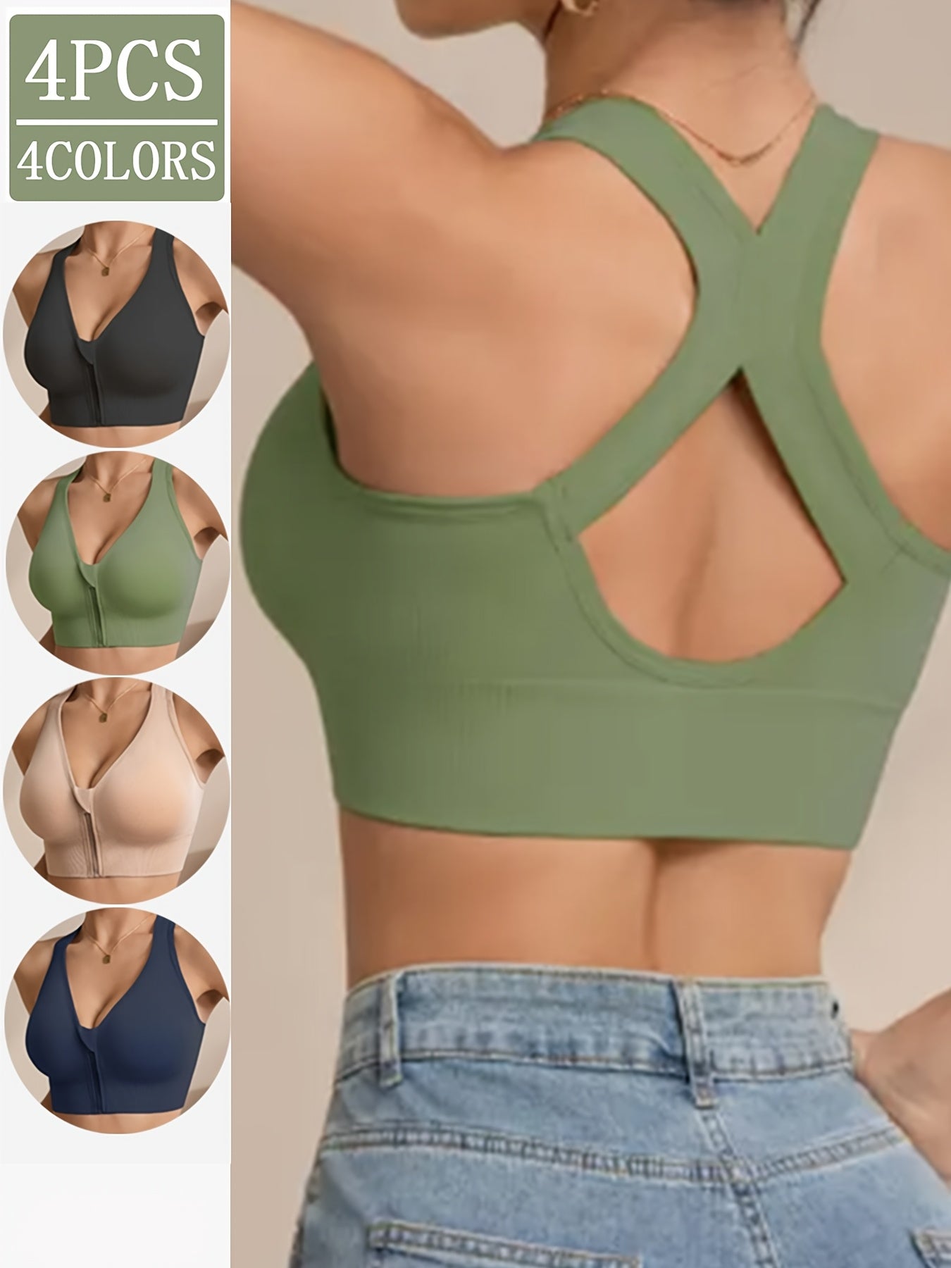 Set of 4 Women'S Wireless Bras Featuring Removable Padding, Front Zipper, X-Shaped Back, And No Underwire. Available in Solid Black, Suitable for Sports, Daily Use, And Versatile Occasions