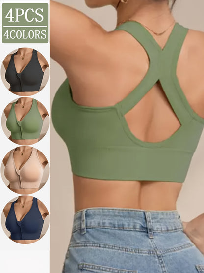 Set of 4 Women'S Wireless Bras Featuring Removable Padding, Front Zipper, X-Shaped Back, And No Underwire. Available in Solid Black, Suitable for Sports, Daily Use, And Versatile Occasions