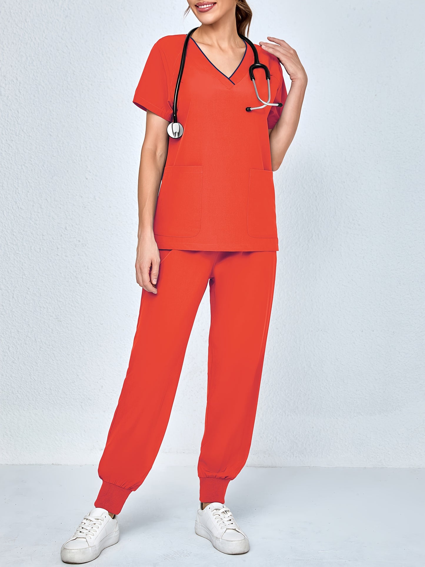 2pcs Set Of Top And Pants, Women's V-neck Frosted Breathable Pocket S Uniform, Brushed Hand Clothes, Work Clothes, Hand Washing Clothes, Pocket Clothes, Leg Binding Pants Set