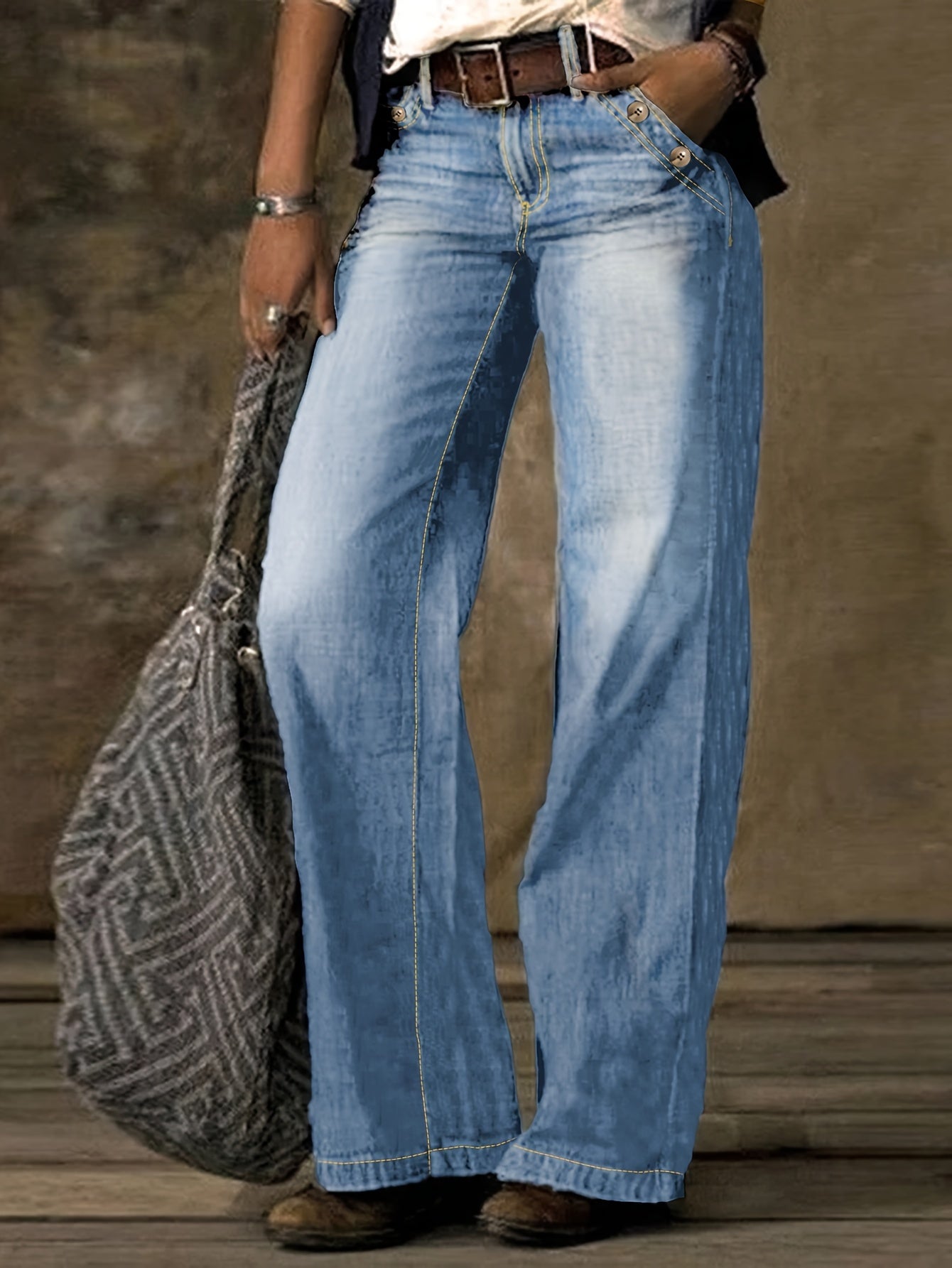 Women's Casual Waist Straight Jeans, Classic Street Style Baggy Jeans