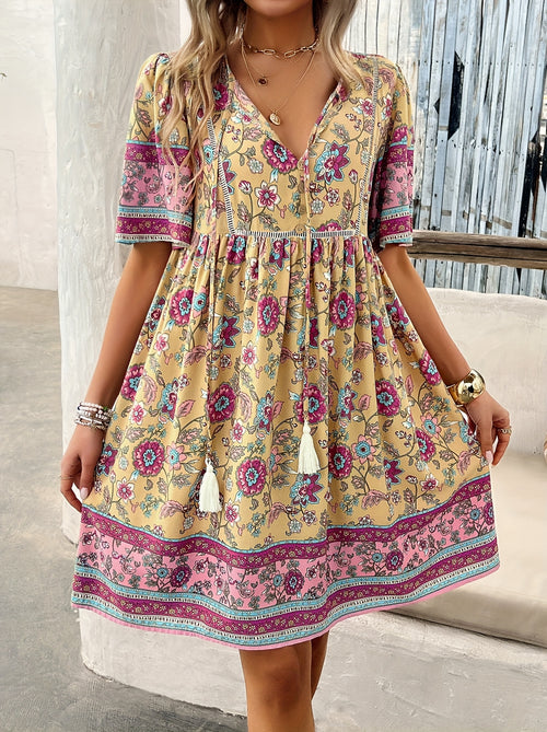 ZAFUL Summer Women's Dress, Women's Fashion New Elegant Romantic Bohemian Style Long Dress, Women's Fashion Deep V-neck Princess Sleeve Design, Fluffy High Waist Tassel Dress, Fashion Holiday Dress