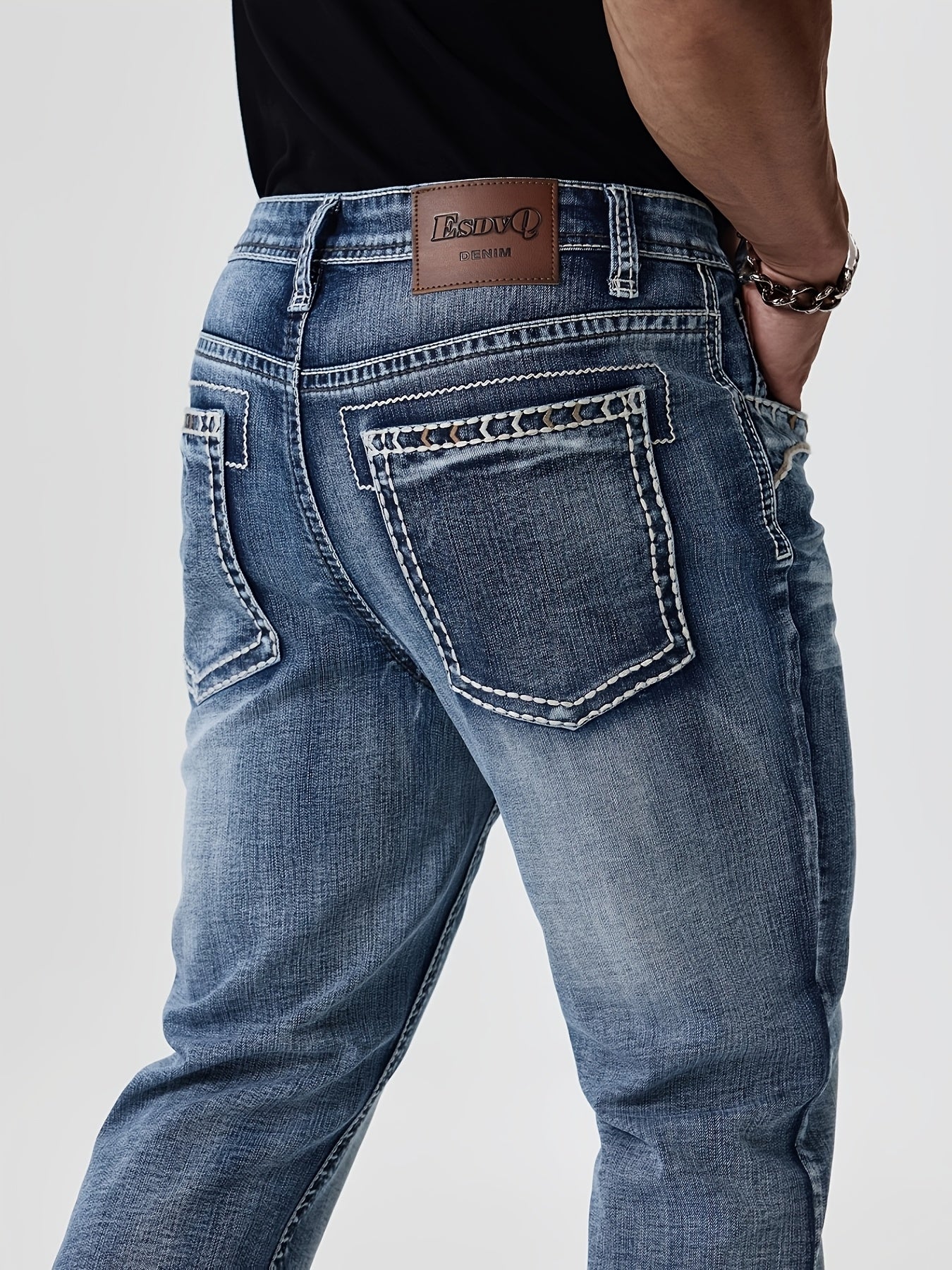 ESDVQ Men's Slim-Fit Classic Washed Denim Bell-Bottom Jeans - Mid-Stretch Machine-Washable Flared Pants with Suitable for All-Season Wear, Comfortable Stretchable Bell-Bottoms for Casual & Dressy Outfits