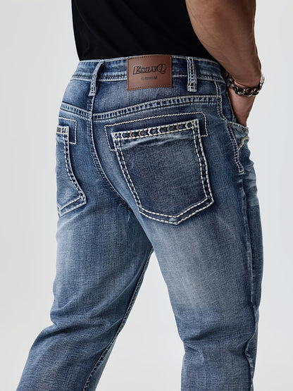 ESDVQ Men's Slim-Fit Classic Washed Denim Bell-Bottom Jeans - Mid-Stretch Machine-Washable Flared Pants with Suitable for All-Season Wear, Comfortable Stretchable Bell-Bottoms for Casual & Dressy Outfits