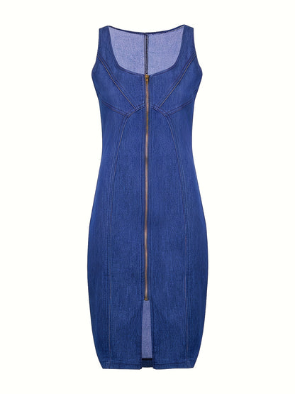 Women's Summer Sleeveless Casual Vest Denim Dress - Hip-Hugging Tight Fit, Front Zipper & Side Slit, Mini Length, Machine Washable, Solid Color Versatile Style, Durable Fashion