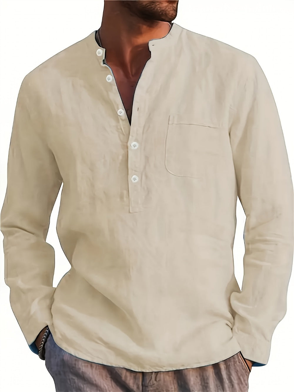 Men's Solid Plus Size Long Sleeve Casual Shirt - Stretch