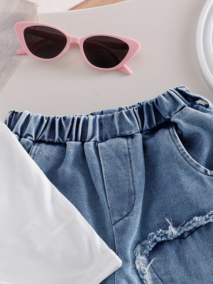 Young Girls 2PCS Summer And Autumn Outfit – Sleeveless White Tank Top & Heart Fringe Patch Washed Denim Pants Set, Cute Casual Clothes, Girl clothes 7 8 years, y2k kids clothes