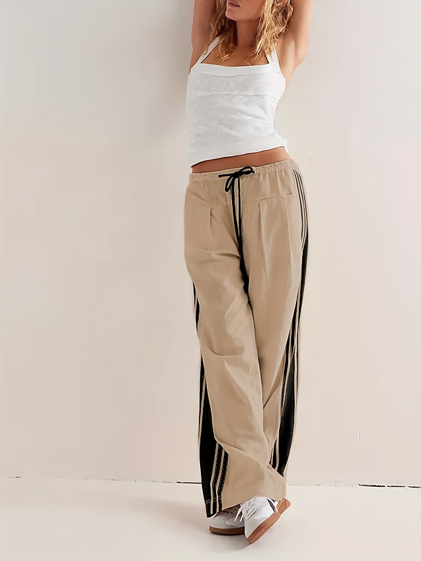 Women's Wide Leg Pants Drawstring High Rise Side Striped Slouchy Palazzo Pants with Pockets