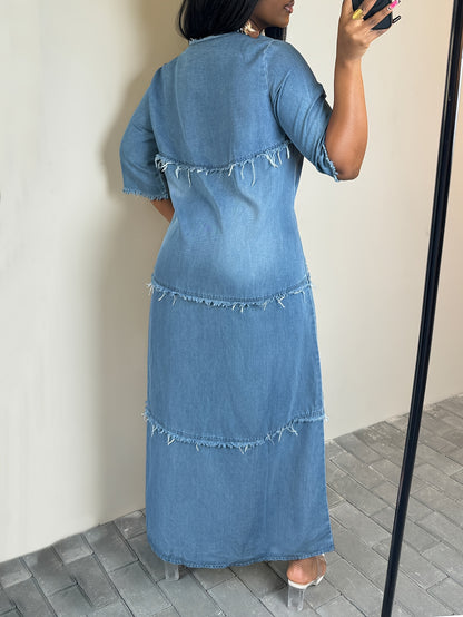 Bohemian Style Loose Denim Maxi Dress with V-Neck, 3/4 Sleeves, And Fringed Patchwork Details - Relaxed Fit, Casual, And Chic for a Stylish, Effortless Look