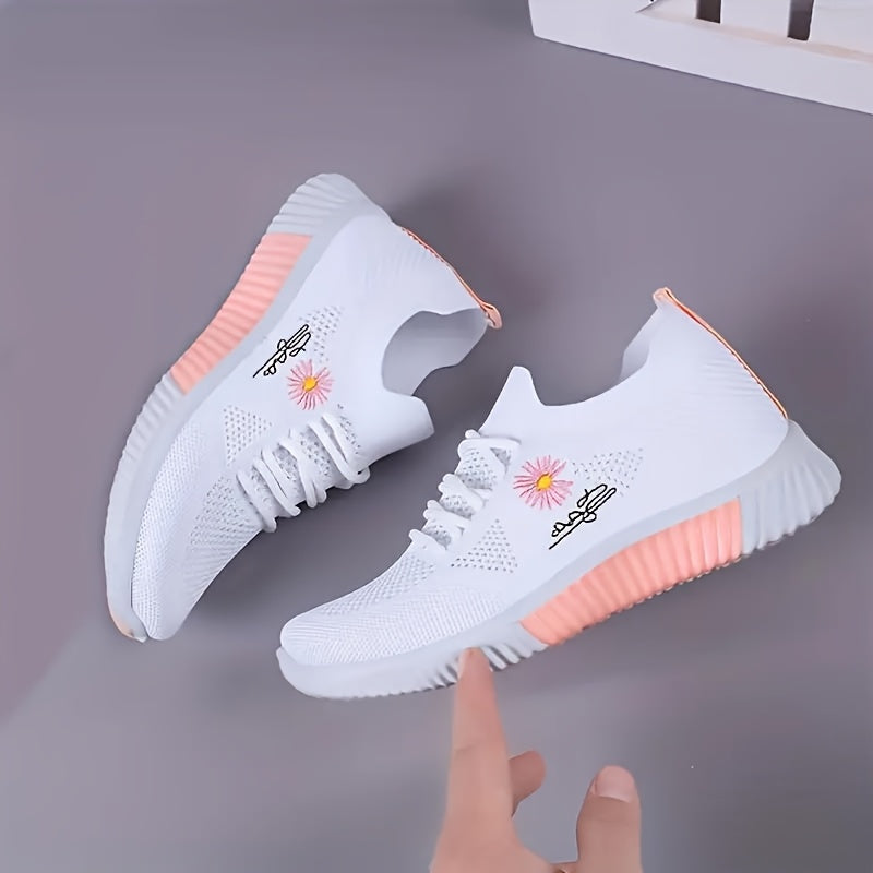 2026 New Spring/Summer Women's Sneakers - 2026 Spring Women's Shoes, Breathable and Lightweight Sneakers for Women - Stylish White and Pink Casual Running Shoes with Floral Embroidery - Durable Outdoor Hiking Shoes with Soft Fabric Lining