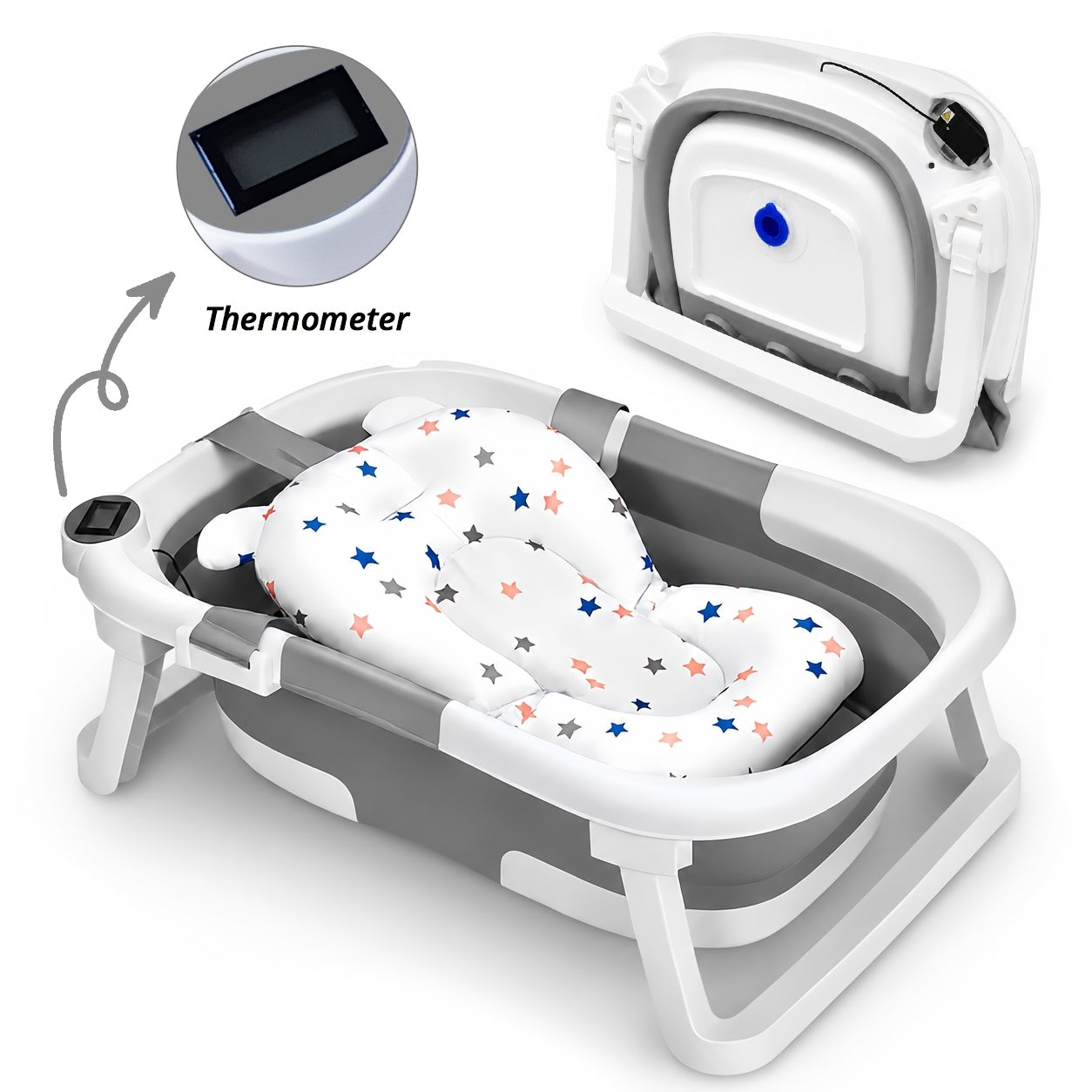 Foldable Baby Bathtub, Baby Tub with Soft Cushion And Thermometer, Portable Travel Baby Bathtub