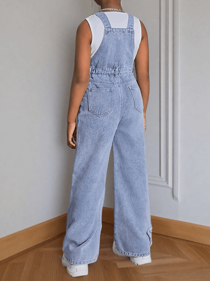 Teen Girls' Wide-Leg Denim Overalls with Star Embroidery Everyday Outfits - Machine Washable Teen Loose Fit Long Denim Machine Washable All-Season Casual Jeans for Teens Durable Fabric, for Outdoor