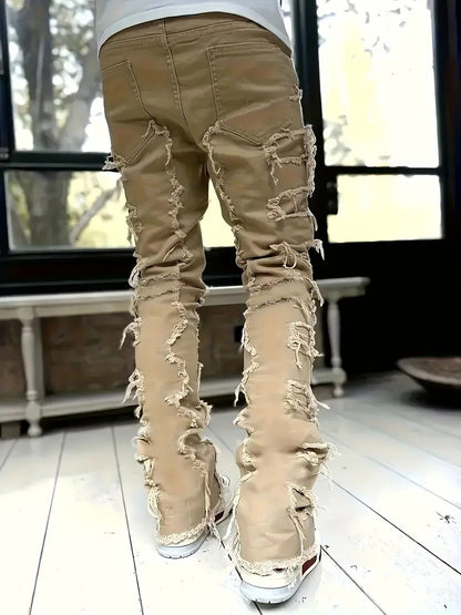 (Available In Five Colors) Teenager Ripped Jeans, Retro Street Style, High Street Patch Fabric, Popular Ripped Jeans, Fashionable Splicing, Slim Fit Jeans, Versatile Straight Jeans 1pc, Perfect for Outdoor, for Teenager