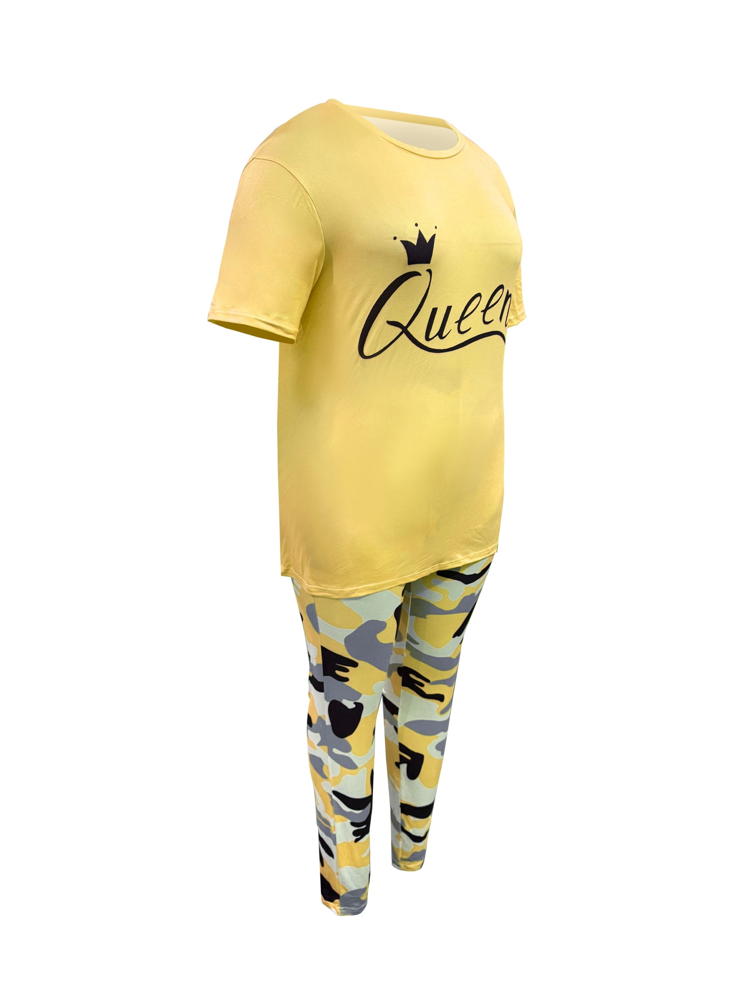 Plus Size - LADIES' Plus Size Daily Fashion Casual Set: Letter Print Crew Neck Short Sleeve T-shirt + Camouflage Long Pants With Pockets