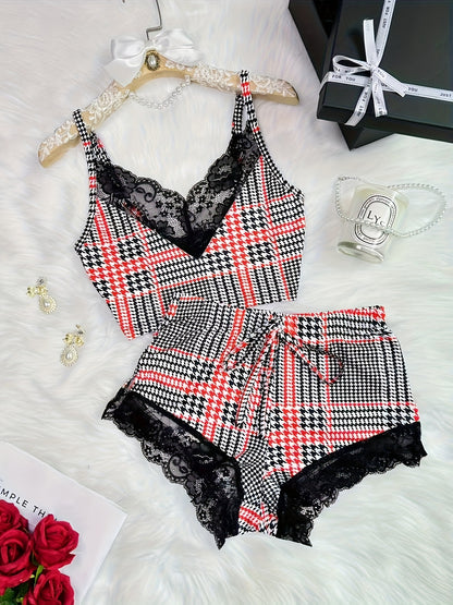 Contrast Color Lace Stitching Plaid Love Print V-neck Bilateral Side Open Backless Skin-friendly Soft Home Casual Pajamas Set