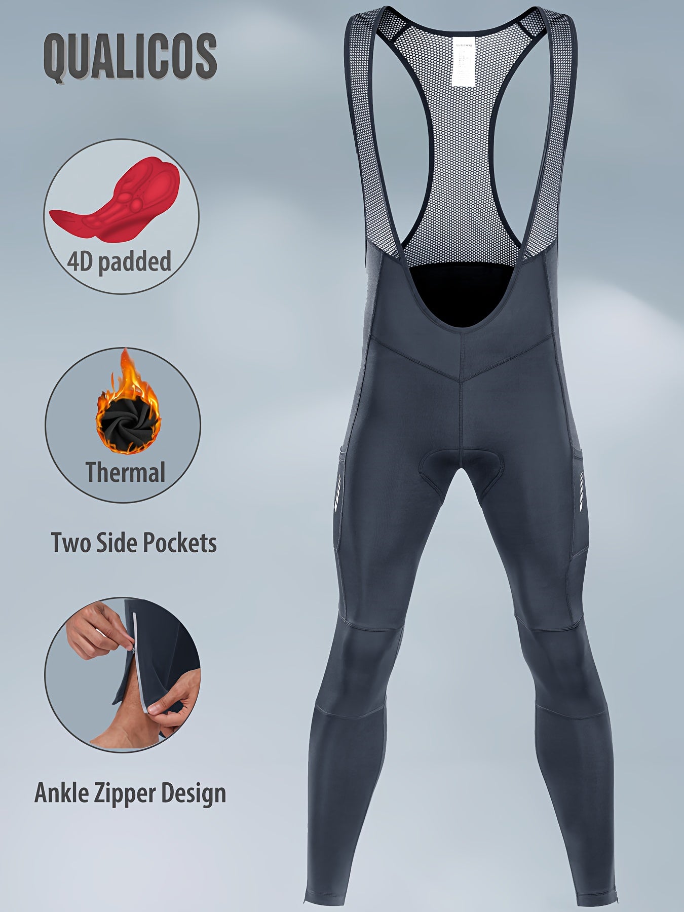 QUALICOS Men'S Insulated Cycling Bib Tights - Cold Weather Pants Featuring Fleece Lining, Shock-Absorbing Padding, Stretchy Mesh Material, Side Pockets & Ankle Zippers - Form-Fitting Bike Leggings for Winter Cycling, Running, And Commuting - Black