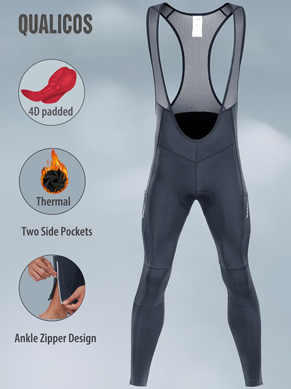 QUALICOS Men'S Insulated Cycling Bib Tights - Cold Weather Pants Featuring Fleece Lining, Shock-Absorbing Padding, Stretchy Mesh Material, Side Pockets & Ankle Zippers - Form-Fitting Bike Leggings for Winter Cycling, Running, And Commuting - Black