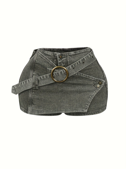 Casual Y2K Mini Skirt with a High Waist And Denim Buckle Belt, Perfect for Parties And Clubs