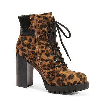 Women Short Boots Fall Winter Boots Women's Lace up Combat Ankle Boots High Chunky Heel Fashion Heeled Booties Shoes Black Boots