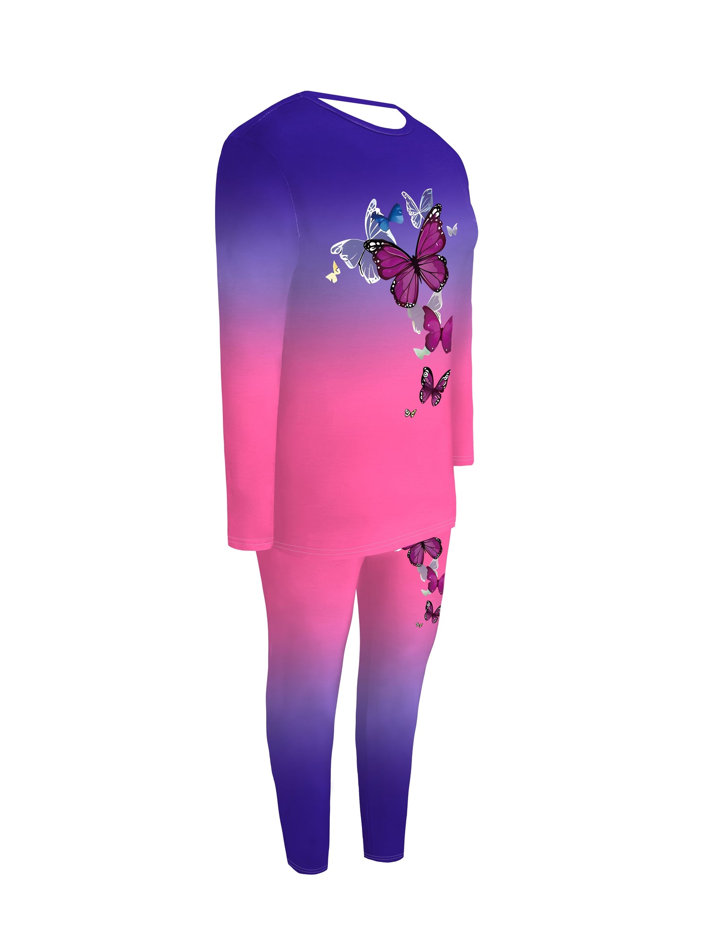 Plus Size, Ladies Casual Gradient Color Suit, Long Sleeved Pants Butterfly Print, Pants with Pockets