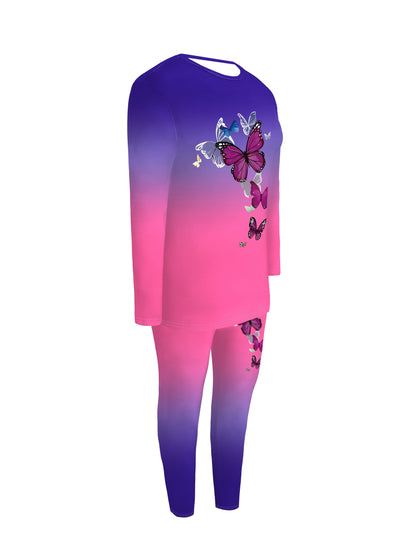 Plus Size, Ladies Casual Gradient Color Suit, Long Sleeved Pants Butterfly Print, Pants with Pockets