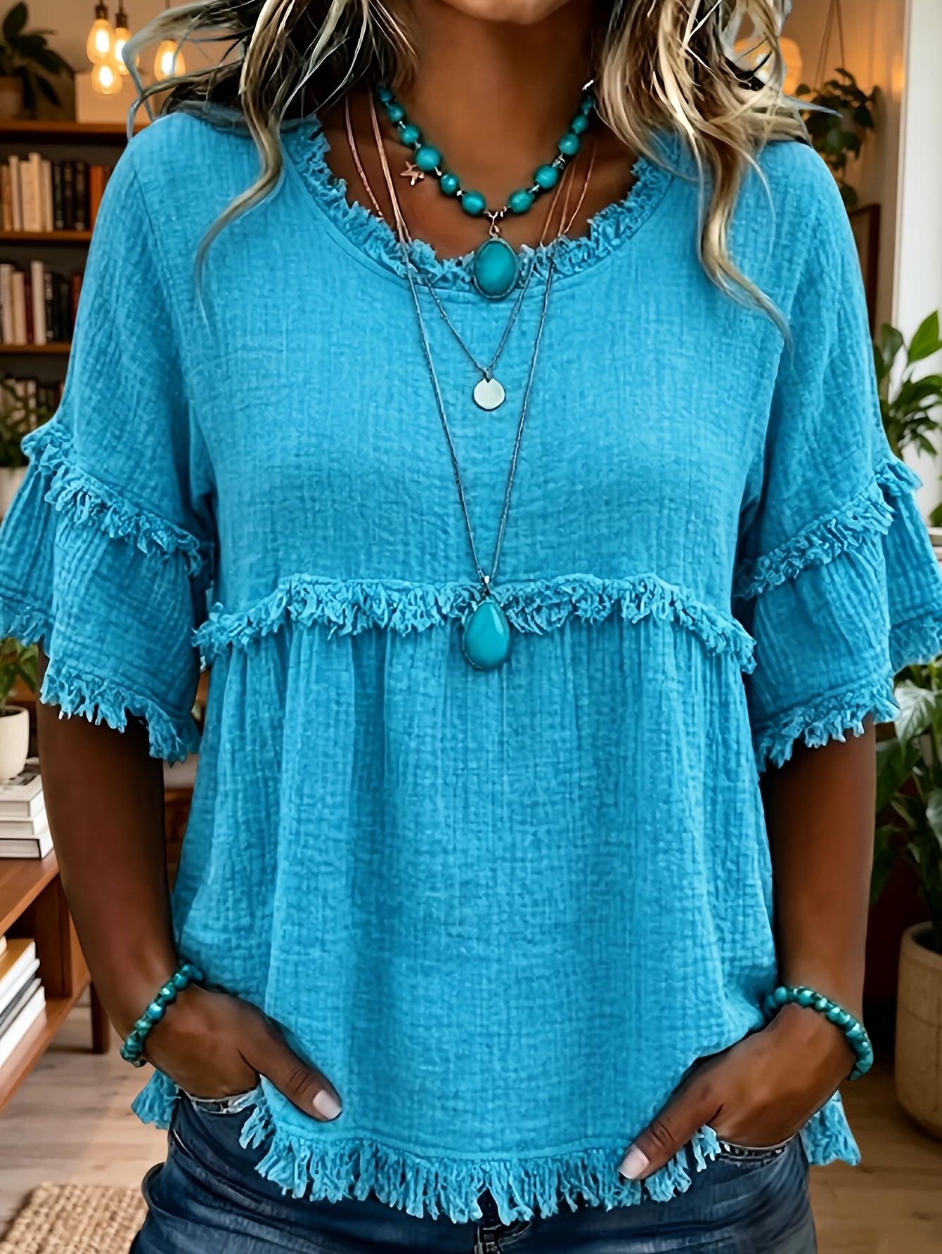 Women'S Round Neck Short Sleeve Casual Blouse with Fringed Trim