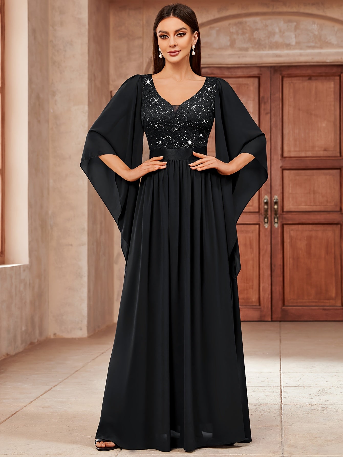 53303 Elegant Women's Lace & Sequin Bridesmaid Dress - A-Line Maxi Wedding Gown with 3/4 Bell Sleeves, V-Neck Color-Block (Bodice &), Machine Washable Bridesmaids Gown for Weddings, Parties, Prom