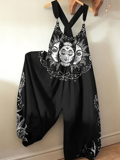 Women'S Gothic Sun And Moon Printed Relaxed Jumpsuit
