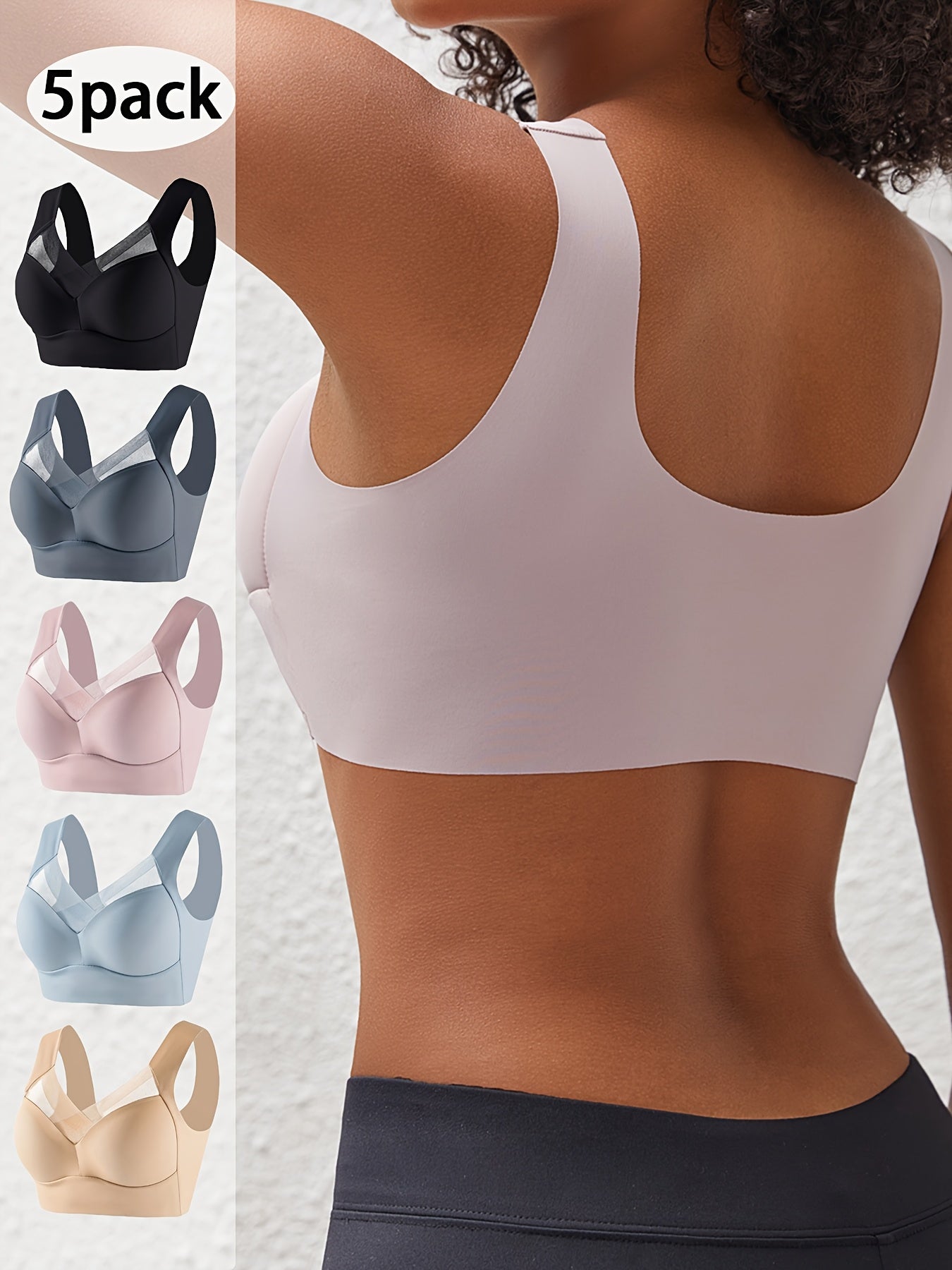 5pcs New Seamless Wireless Full Coverage Women'S Bras, Mature Solid Color, High Support, Comfortable And Breathable Back, Fabric with Mesh Details, Non Removable Pads - Perfect for Spring Festival And Mother'S Day!