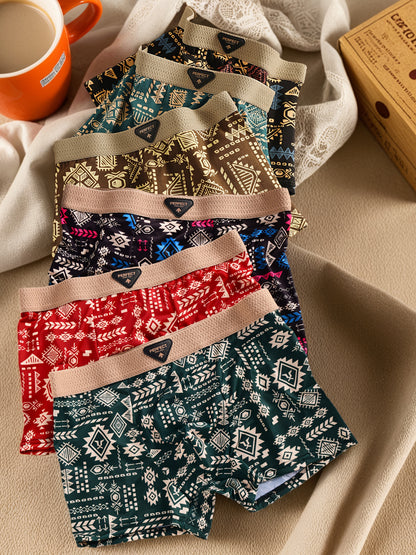 Fashion Ultra Soft Ice Silky Series- 6pcs Men's Graffiti Mid-Waist Stretch Boxer Briefs- Comfortable Breathable Quick-Dry Printed Underwear Set