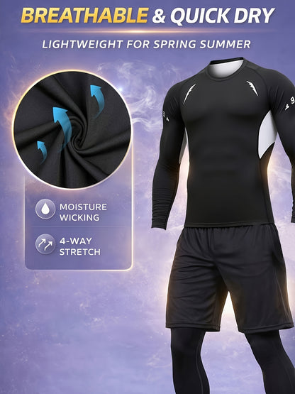 3pcs Men'S Quick-drying CompressionSports, Suit Summer Gym Running Training Clothes, High Elastic Breathable Morning And Night Running Cycling Mountaineering Hiking Fitness Sportswear, Fishing Sun Shirt, Father'S Day Gifts
