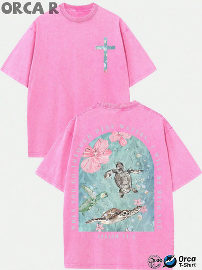 Men's Vintage Washed Pure Cotton T-Shirt - Oversized Streetwear Tee with Sea Turtle & Text Print ("I Will Be with You"), Loose Fit Casual Shirt, Machine Washable Soft Daily Wear