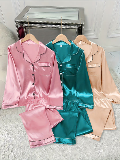 3pcs Women'S Satin Pajama Set - Casual Solid Color Long Sleeve Shirt & Elastic Waist Pants, Lapel Collar, Button Detail, Fall/Winter Sleepwear