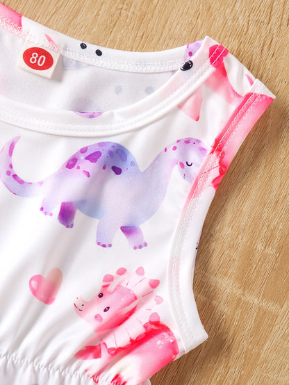 3pcs Cartoon Print Sleeveless Triangle Romper Suit + Headband for Girls, All-season, Polyester Knit Fabric, Regular Fit, Basic Style, for Outdoor, Perfect for Outdoor