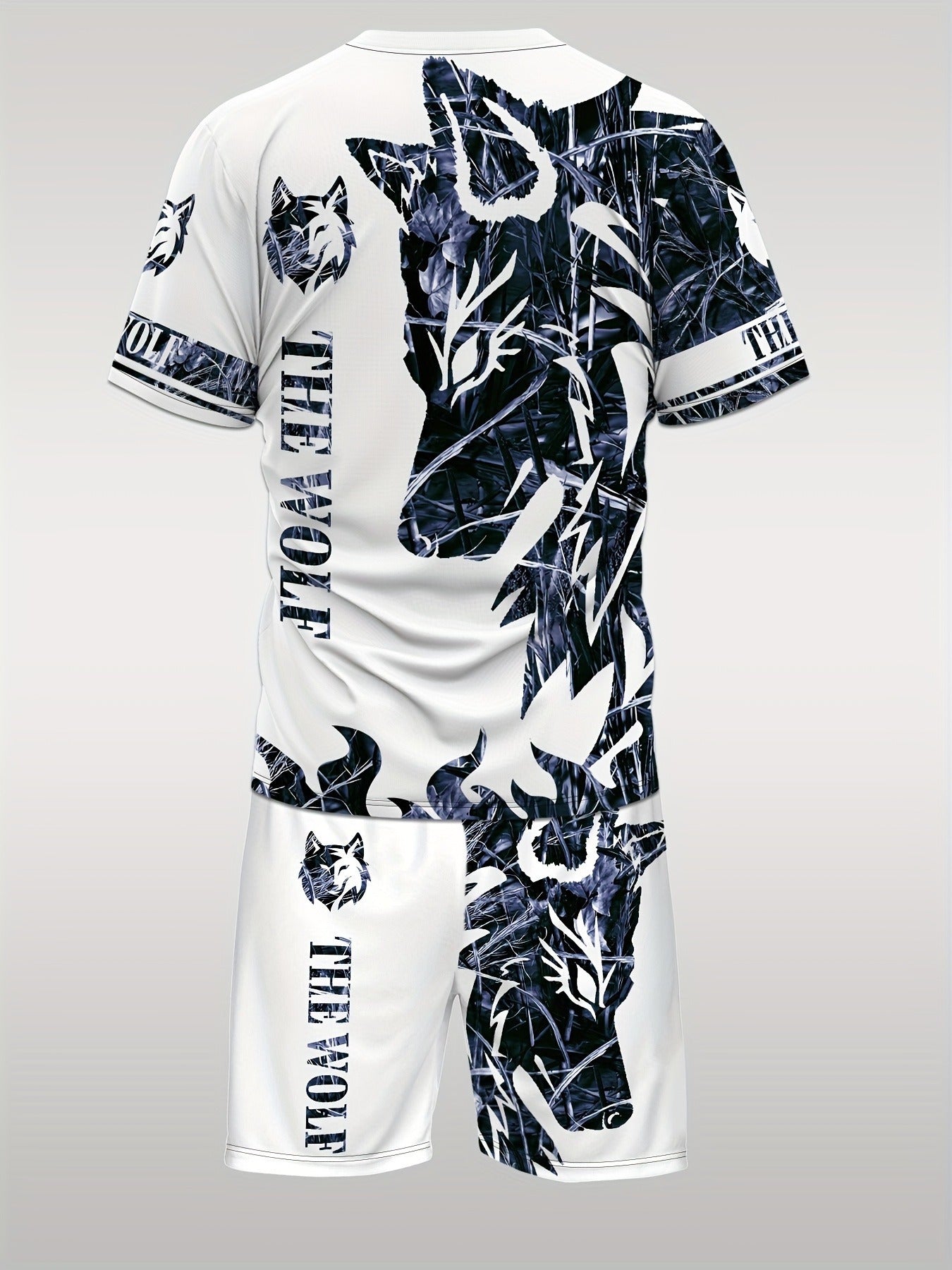 Summer Men's wolf pattern casual round neck short-sleeved T-shirt and shorts 2pcs set, suitable for outdoor activities