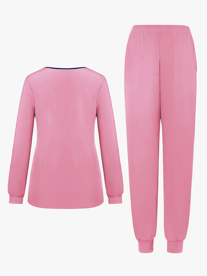 2pcs Women's V-Neck Matte Suit with Long Sleeve Stretch S Uniform Work Clothes Washable Pockets Breathable Elastic Top And Waist Cord Pocket Pants Set