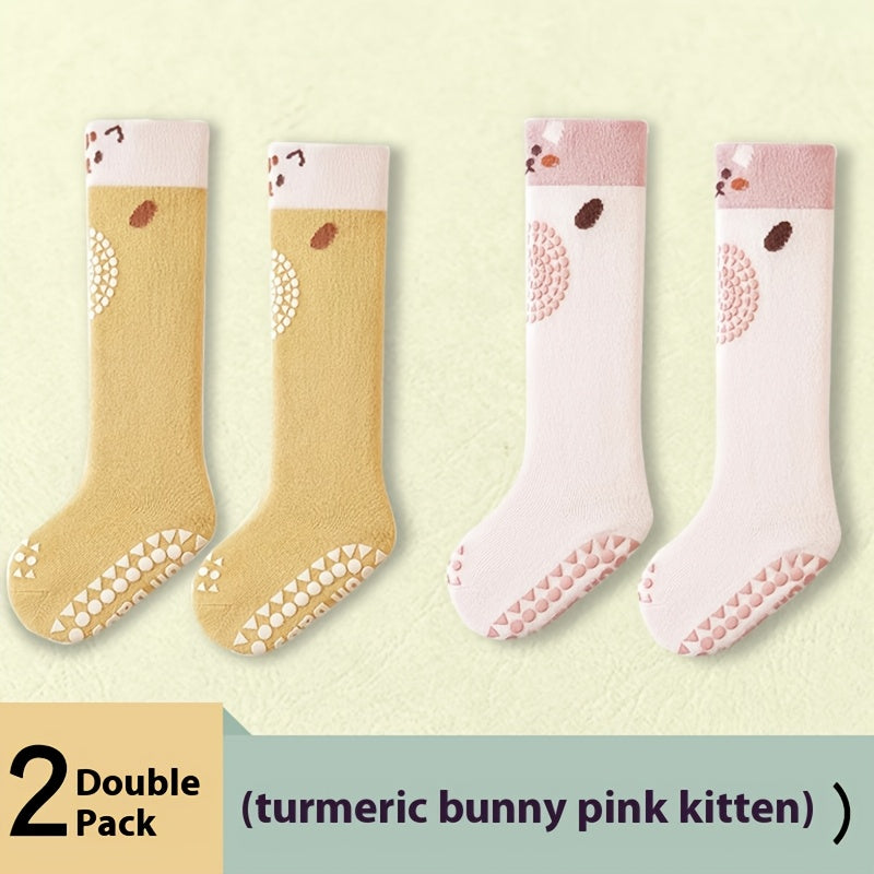2 Pairs & Long Knee-High Socks with Non-Slip Sole - Crawling Socks Suitable for Spring, Fall, Winter | Soft Elastic for Walking | Cute,,, Dog & More Patterns (Hand Wash Only)