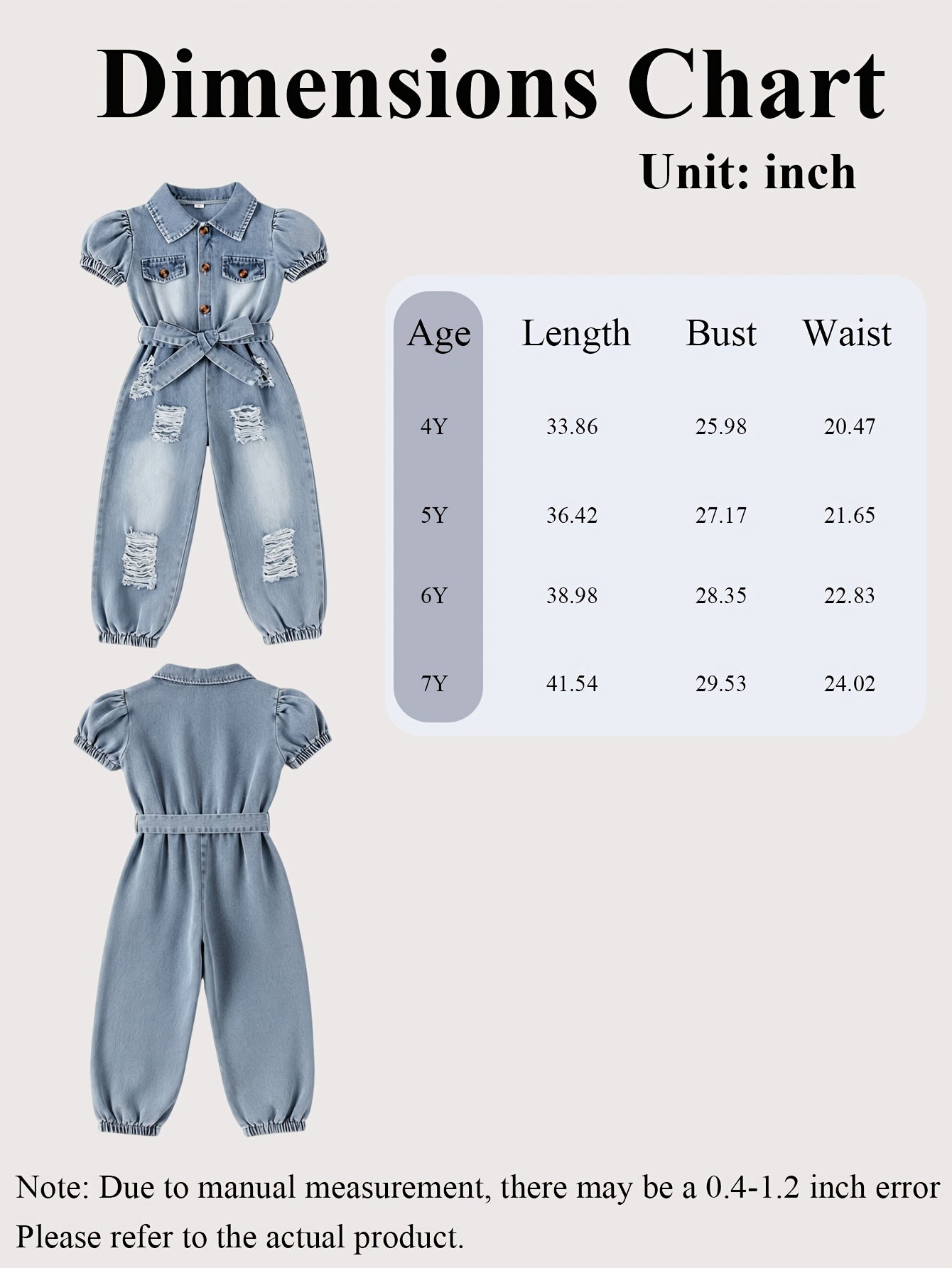 2 Pack Girls Faux Denim Jumpsuit With Belt Long Sleeve Romper Outfit Spring Summer Kids Casual Play Clothes, for Outdoor