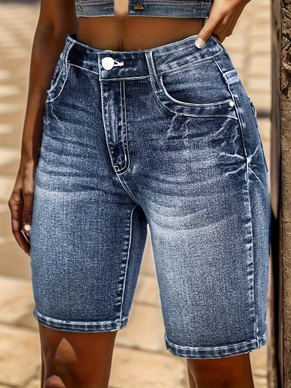 Women'S Stretch Denim Shorts with Embroidered Floral Design - Casual And Elegant Mid-Thigh Length, Washed Blue, Slanted Pockets, Comfortable And Fitted for Spring And Summer