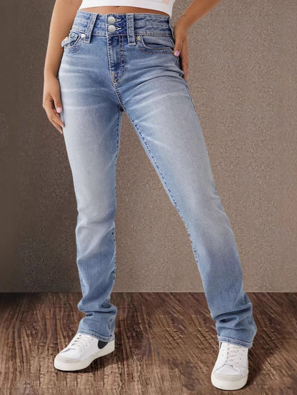 2025 New Double Button Women'S Slim-Fit Temperament Mid-Rise Straight Jeans